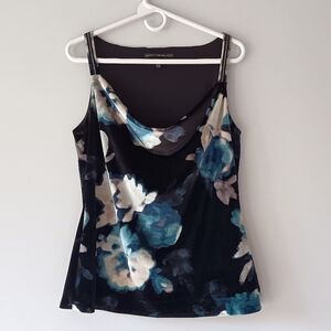 White House Black Market Velour Lined Cami Drape Neck Floral Silver Blue Medium